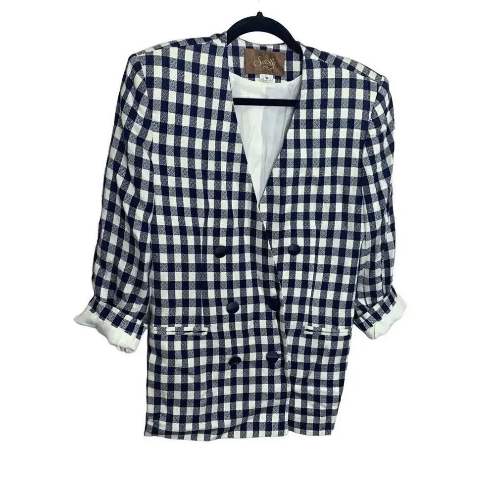 Saville Vintage double breast blazer jacket navy white gingham size 8 (J1)